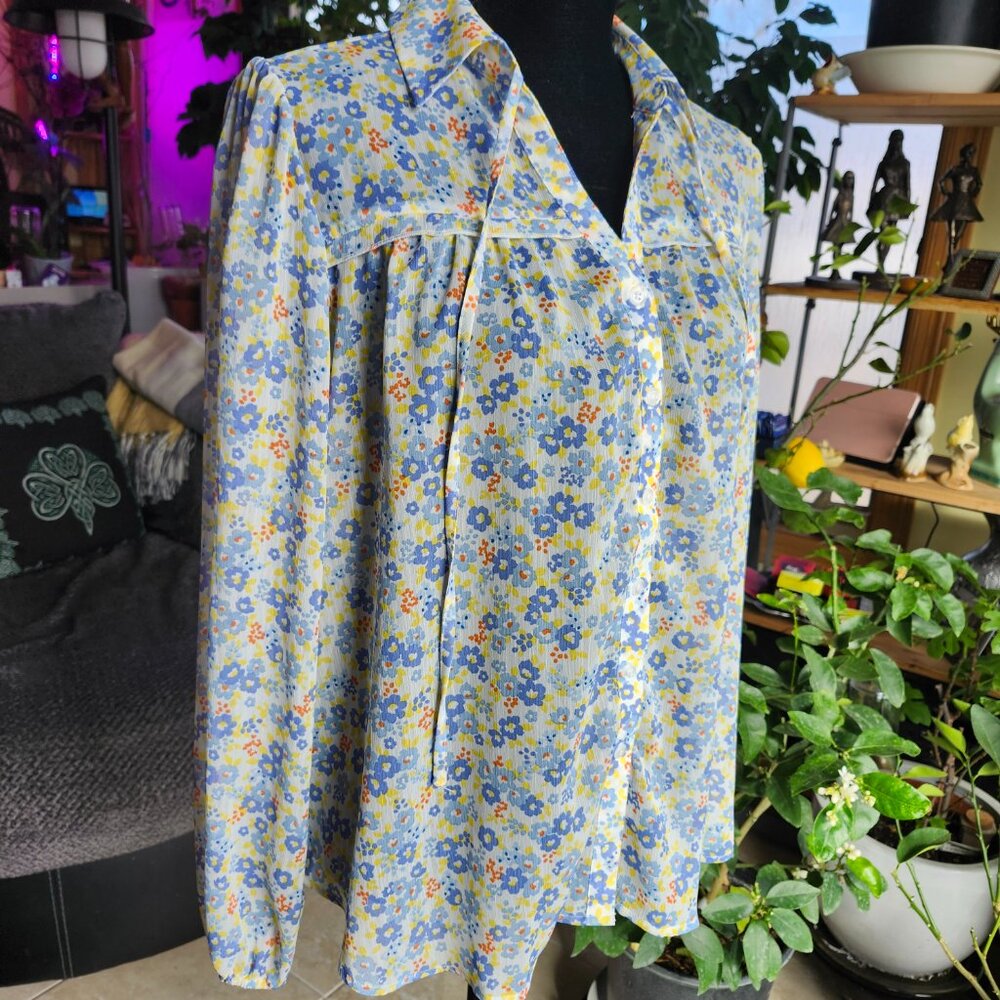 Iris Bloom Feminine Blue & Yellow Floral Sheer Long Sleeve Blouse Button Large